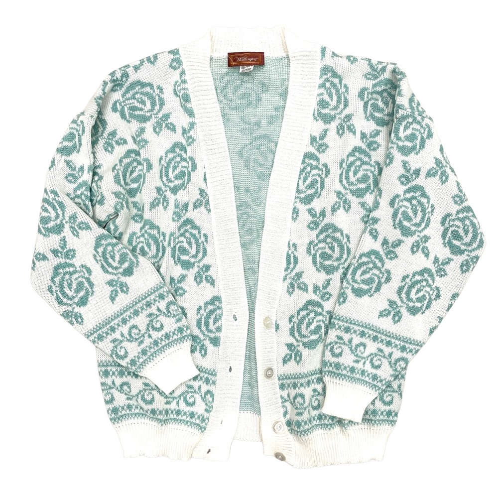 VTG Worthington Mint Green Floral and White Cardigan